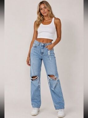 TWIIN High Rise Distressed Straight Leg Jeans Size Small Light Wash